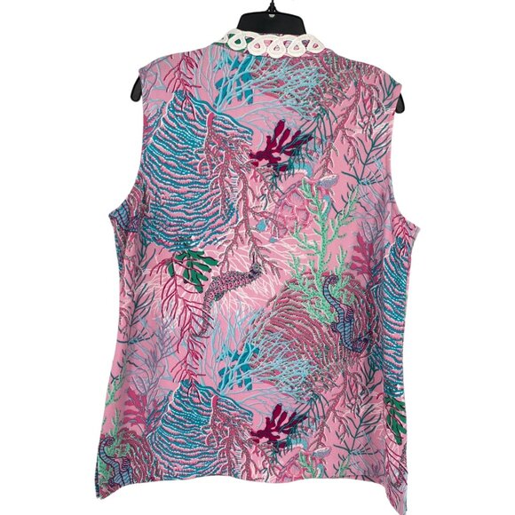 Pappagallo Womens L Sleeveless Tunic Tank Top VNeck Pink Sea Coral Seahorse Reef - Picture 2 of 11